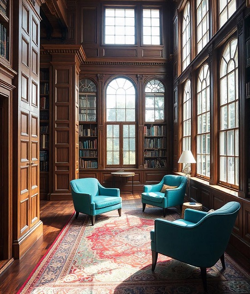 Bibliothèque avec salon turquoise